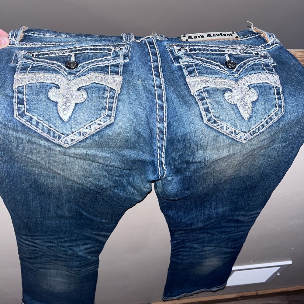 Rock Revival Blue Ankle Cropped Jeans with Embellished Design